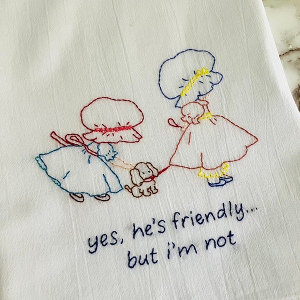 Friendly Dog Hand Embroidered Flour Sack Dish Towel 28x28