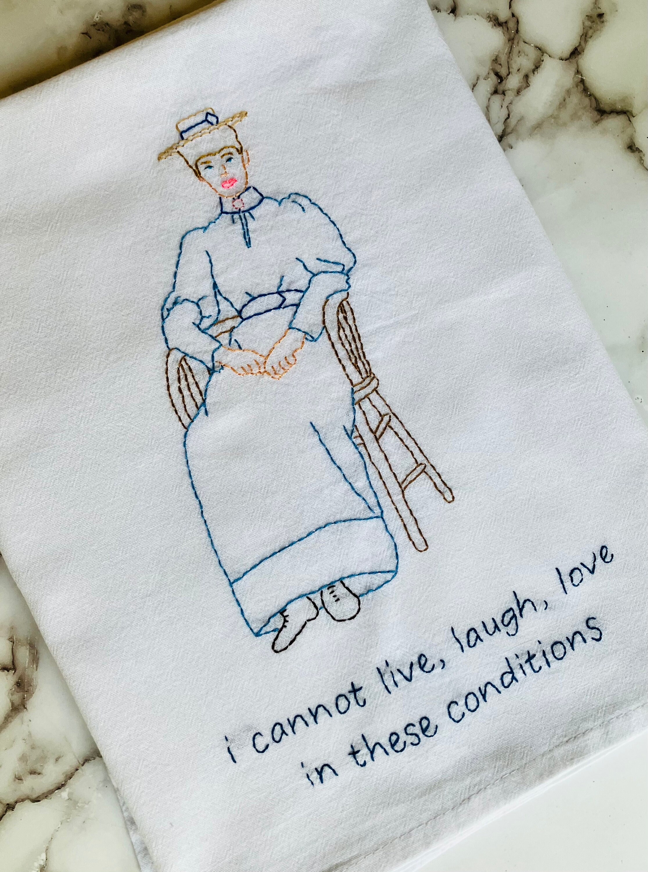 Live, Laugh, Love Hand Embroidered Flour Sack Dish Towel 28x28 - Thumbnail 3