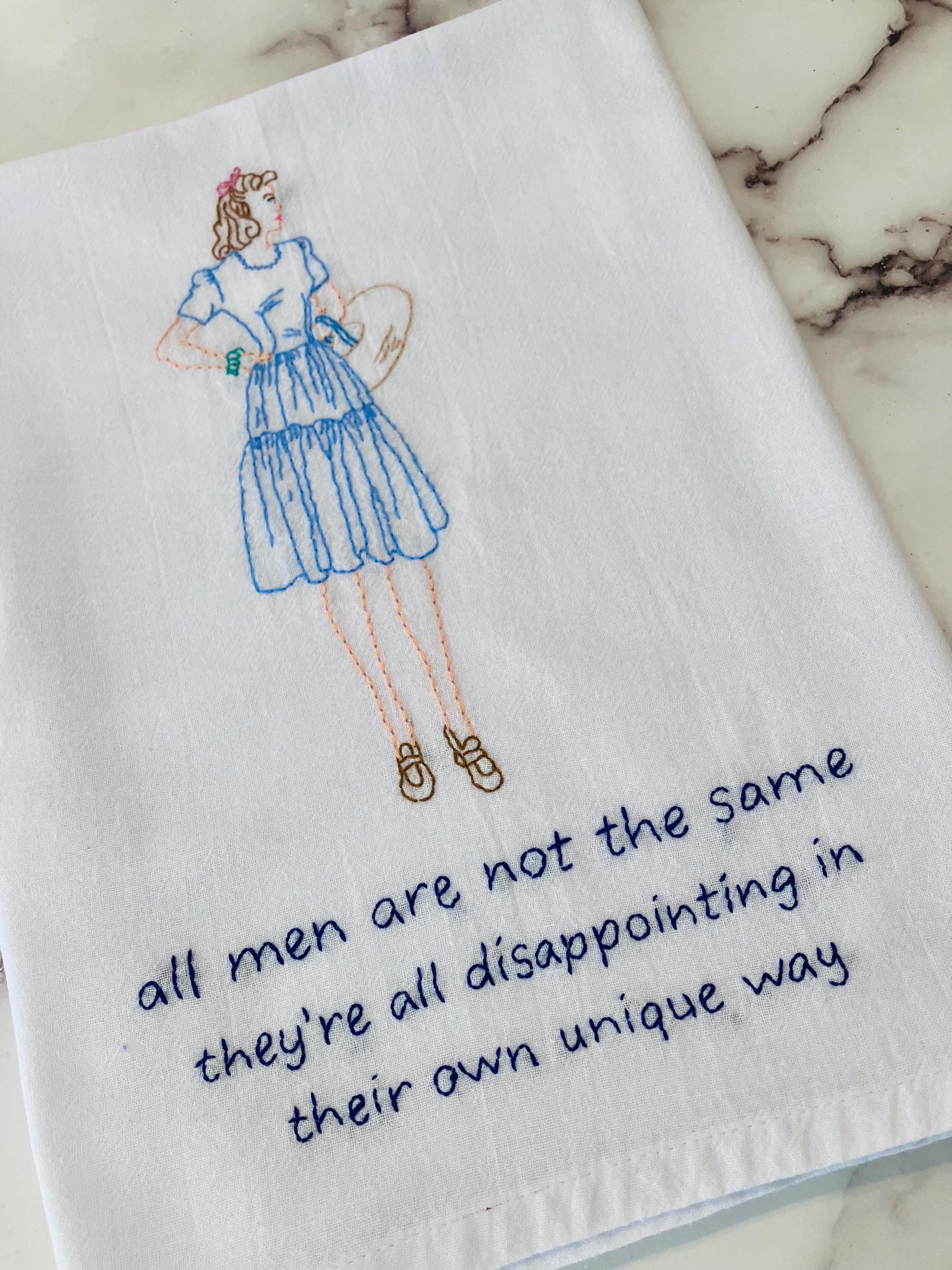 All Men Hand Embroidered Flour Sack Dish Towel 28x28 - Thumbnail 2
