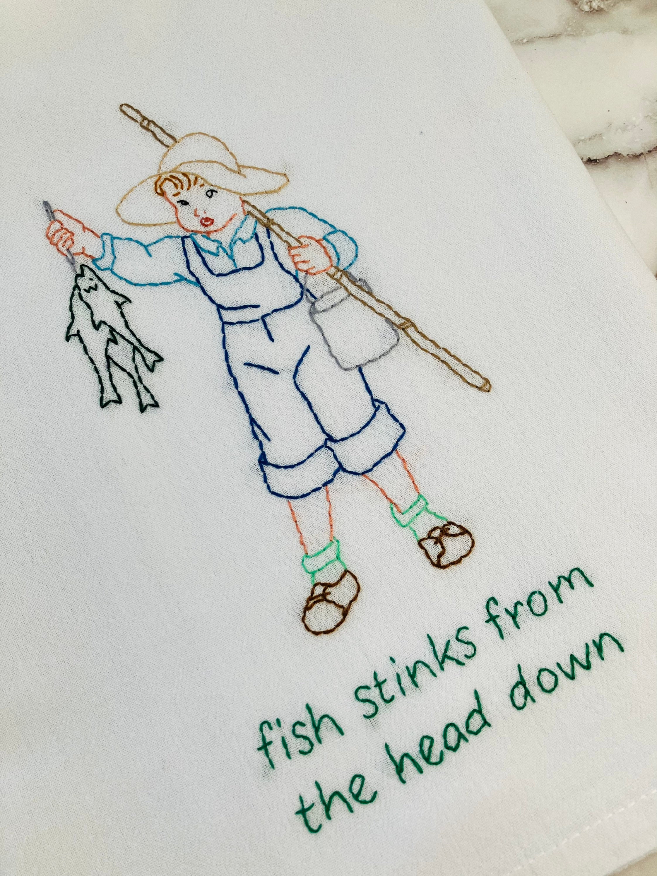 Stinky Fish Hand Embroidered Flour Sack Dish Towel 28x28 - Thumbnail 4