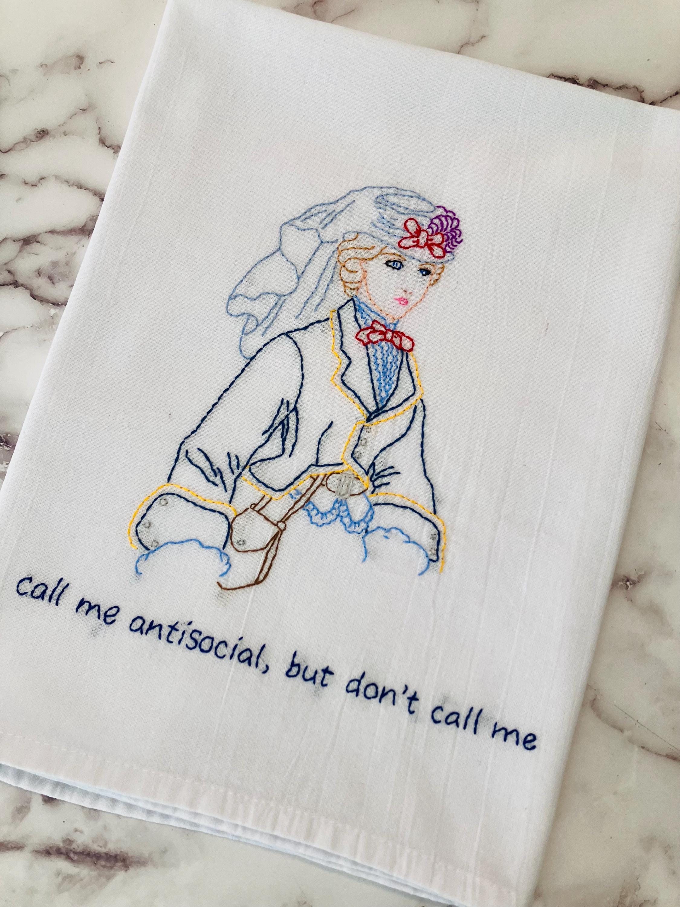Antisocial Hand Embroidered Flour Sack Dish Towel 28x28 - Thumbnail 3