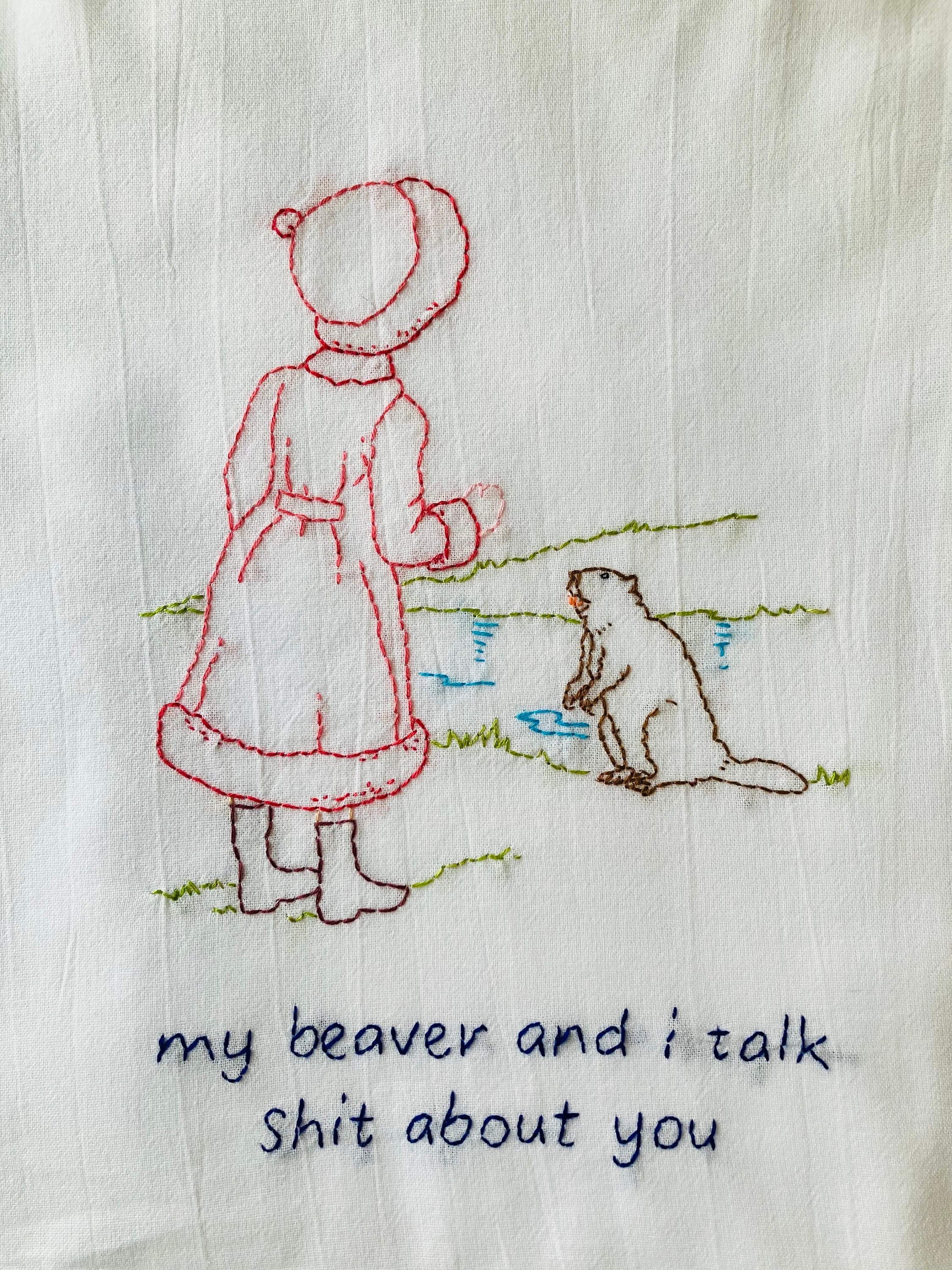 My Beaver Hand Embroidered Flour Sack Dish Towel 28x28 - Thumbnail 4
