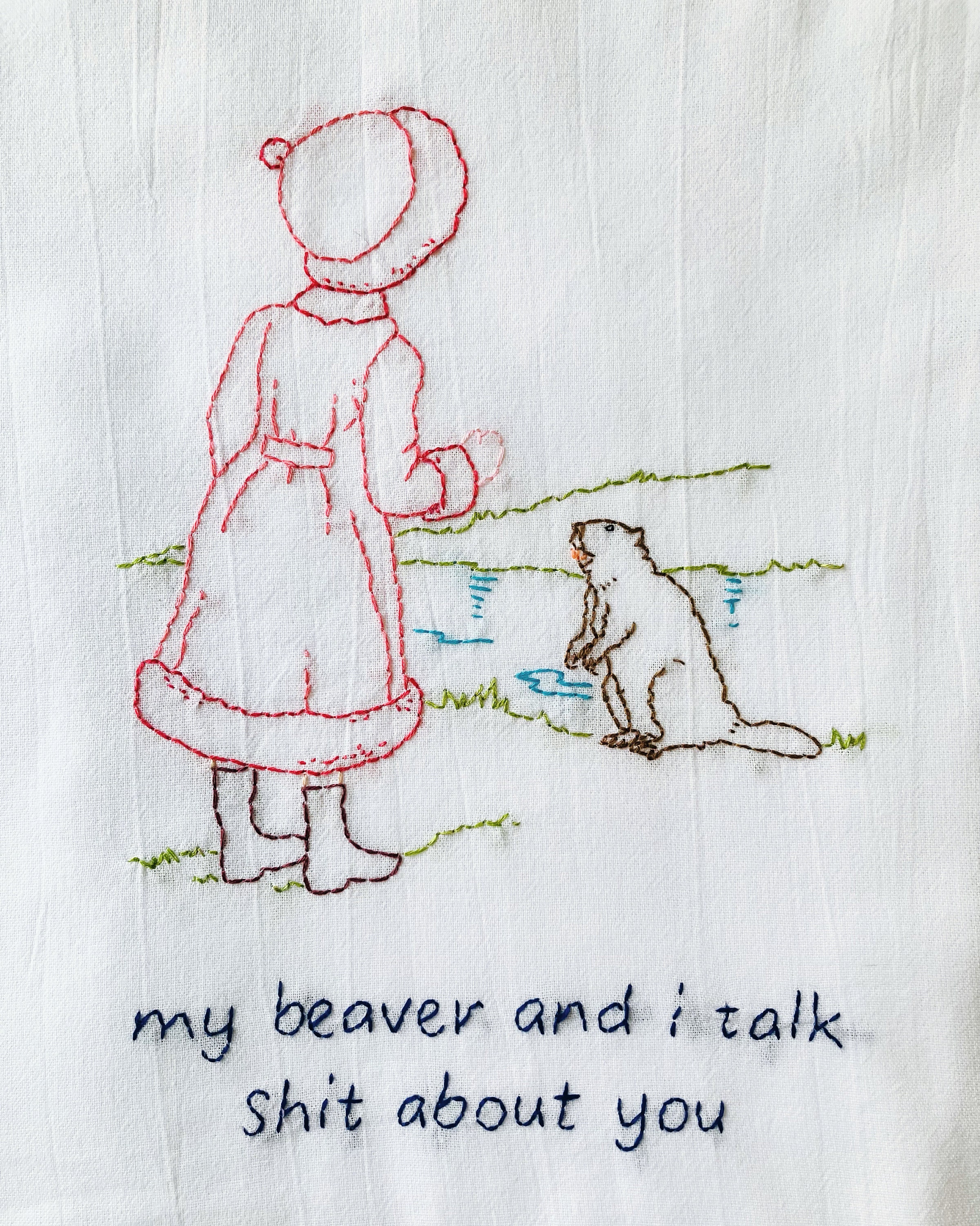 My Beaver Hand Embroidered Flour Sack Dish Towel 28x28 - Image 1