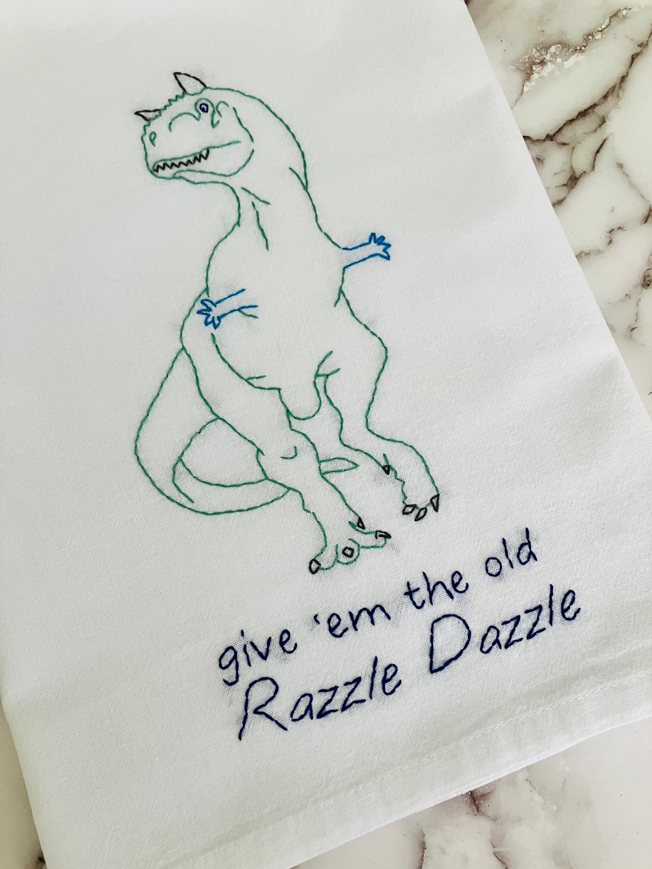 Carnotaurus Razzle Dazzle Courtship Dance Hand Embroidered Flour Sack Dish Towel 28x28 - Thumbnail 2