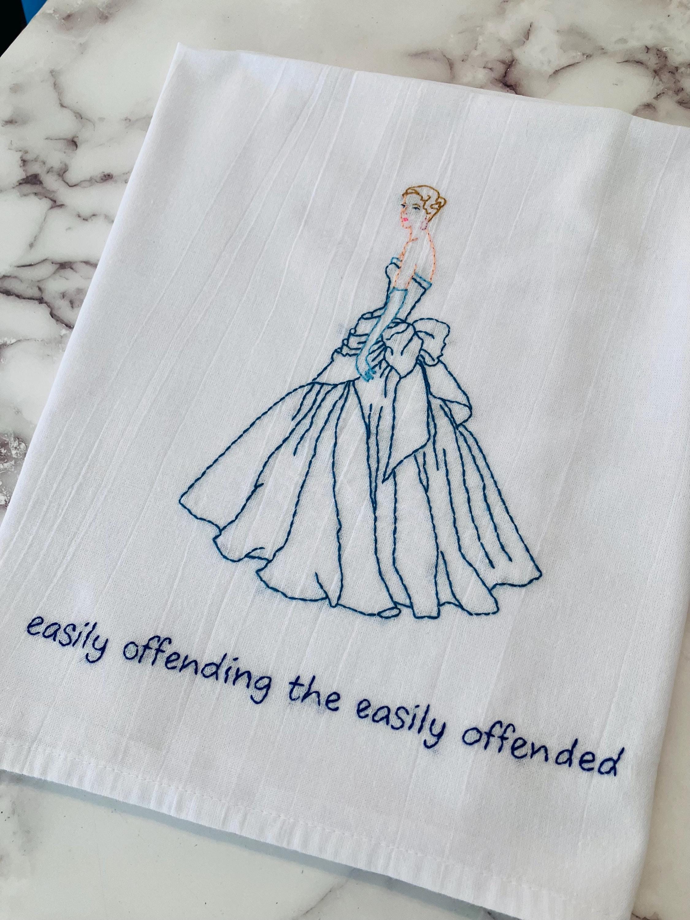 Easily Offended Hand Embroidered Flour Sack Dish Towel 28x28 - Thumbnail 3