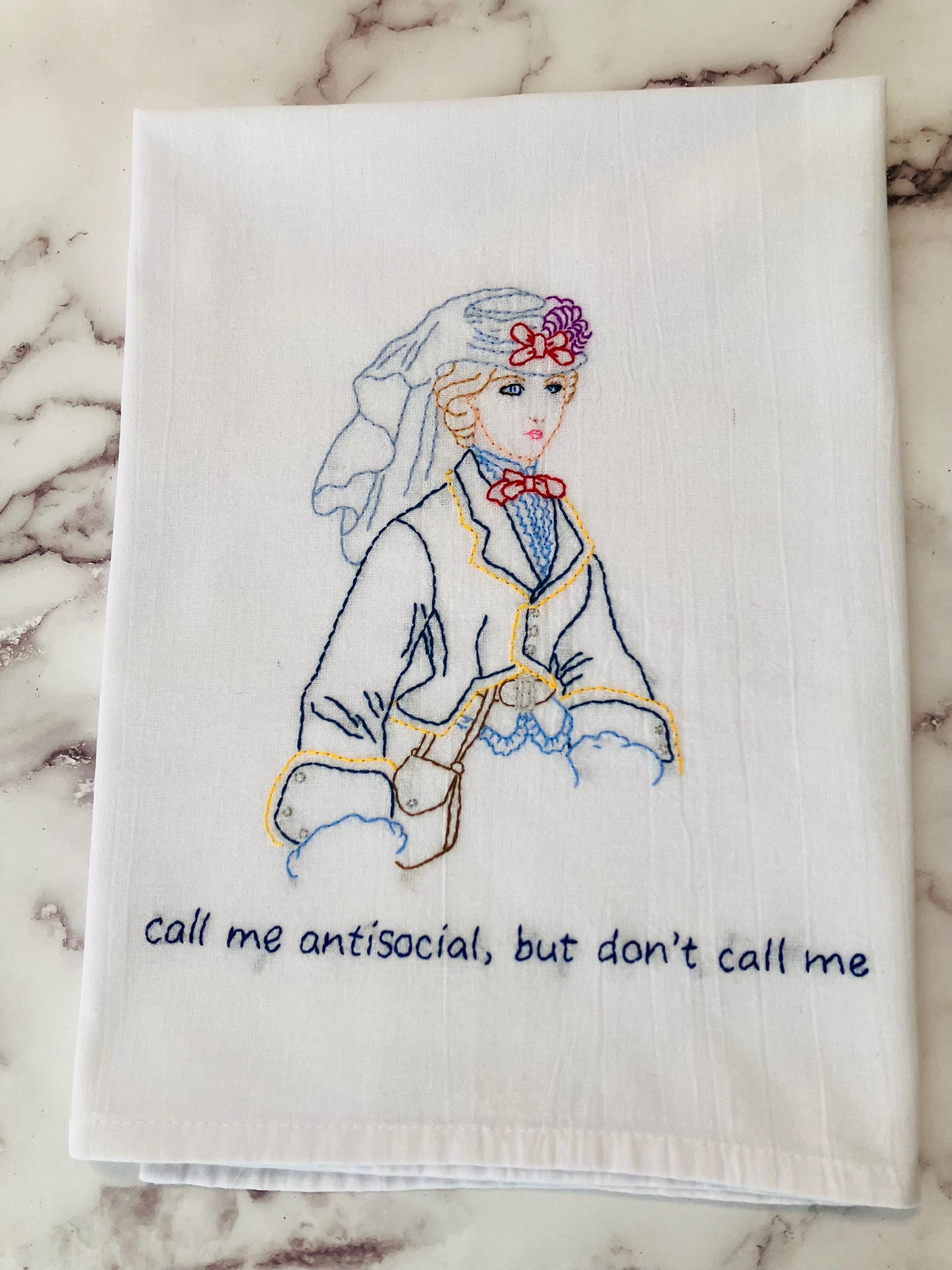 Antisocial Hand Embroidered Flour Sack Dish Towel 28x28 - Thumbnail 2