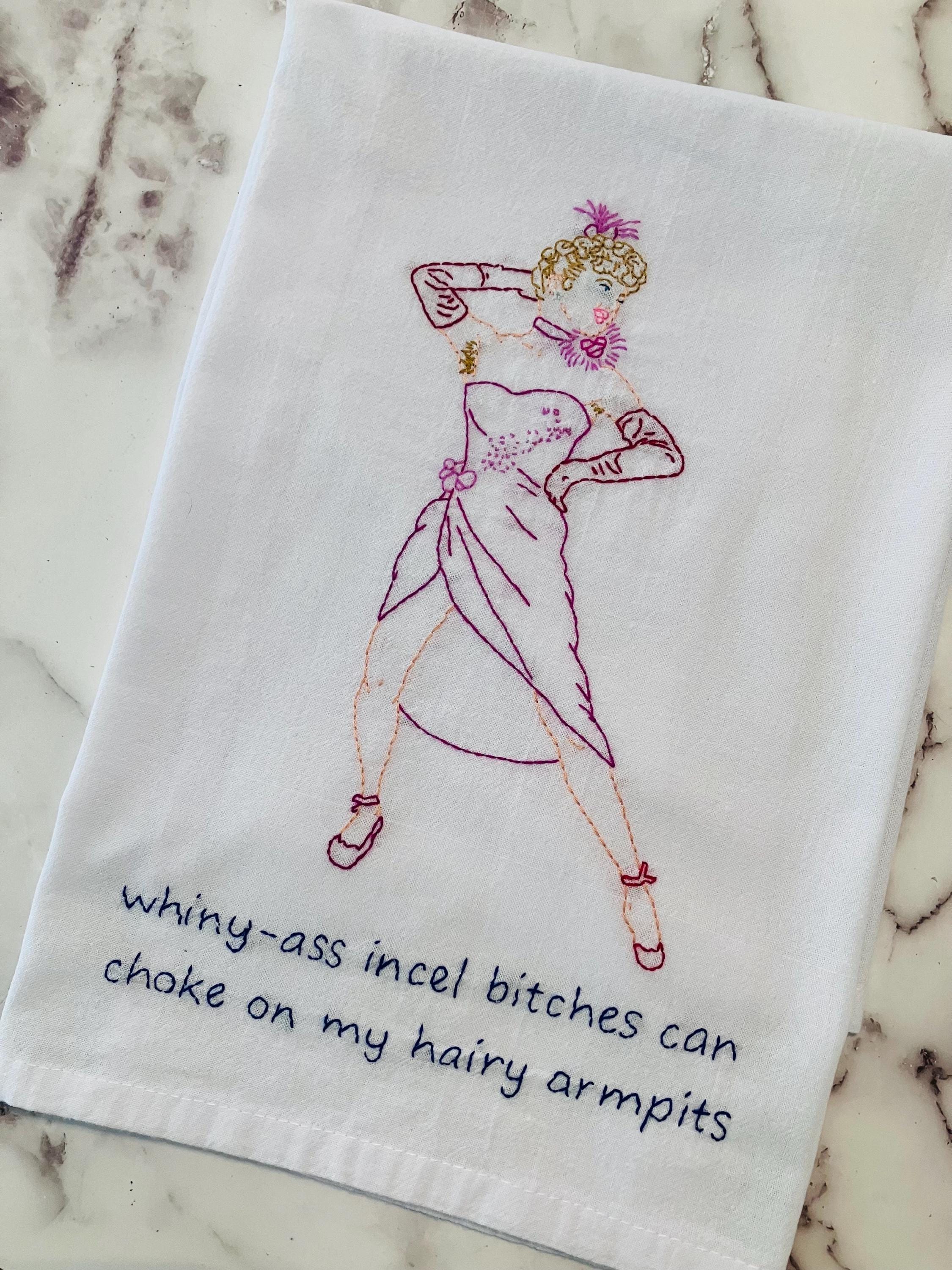 Hairy Armpits Hand Embroidered Flour Sack Dish Towel 28x28 - Thumbnail 2