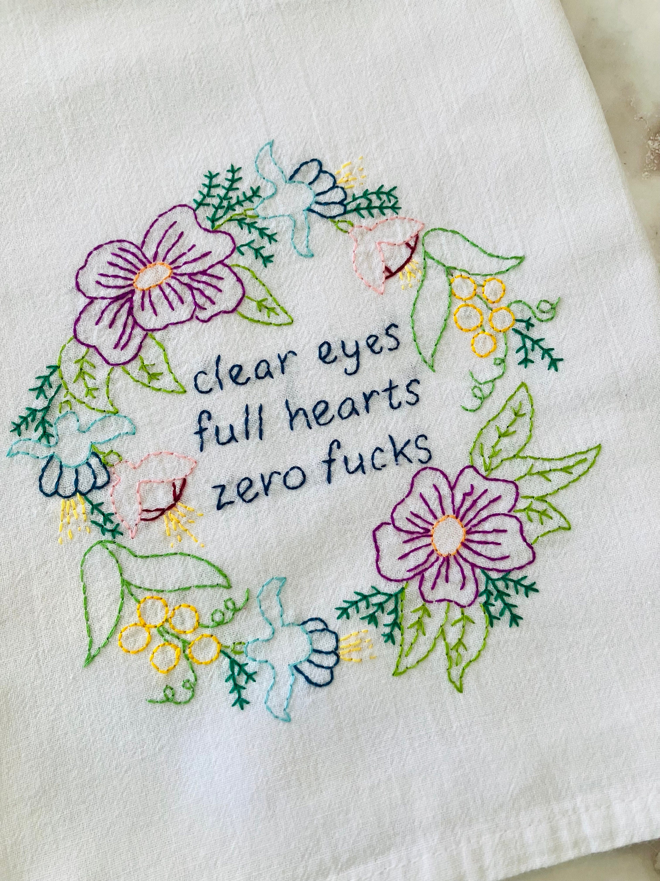 Clear Eyes Full Hearts Hand Embroidered Flour Sack Dish Towel 28x28 - Thumbnail 3