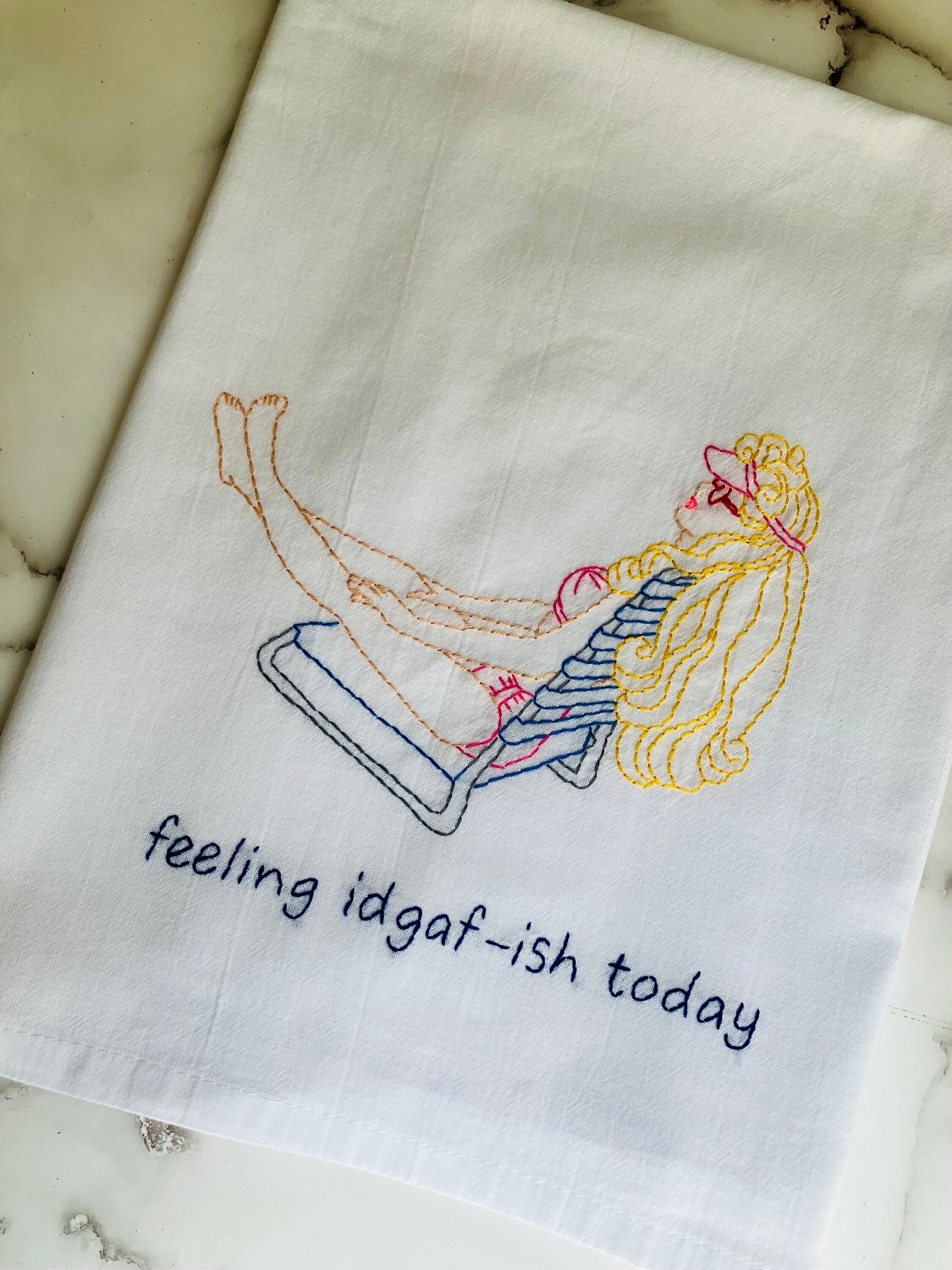 IDGAF Today Hand Embroidered Flour Sack Dish Towel 28 x 28 - Thumbnail 2