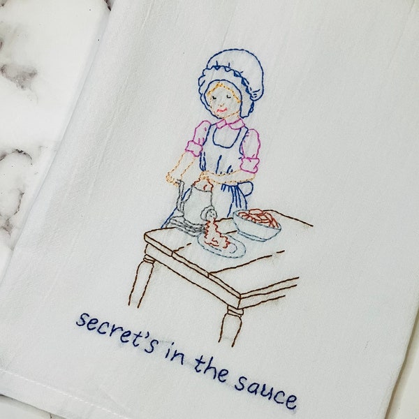 Secret’s in the Sauce Hand Embroidered Flour Sack Dish Towel 28x28