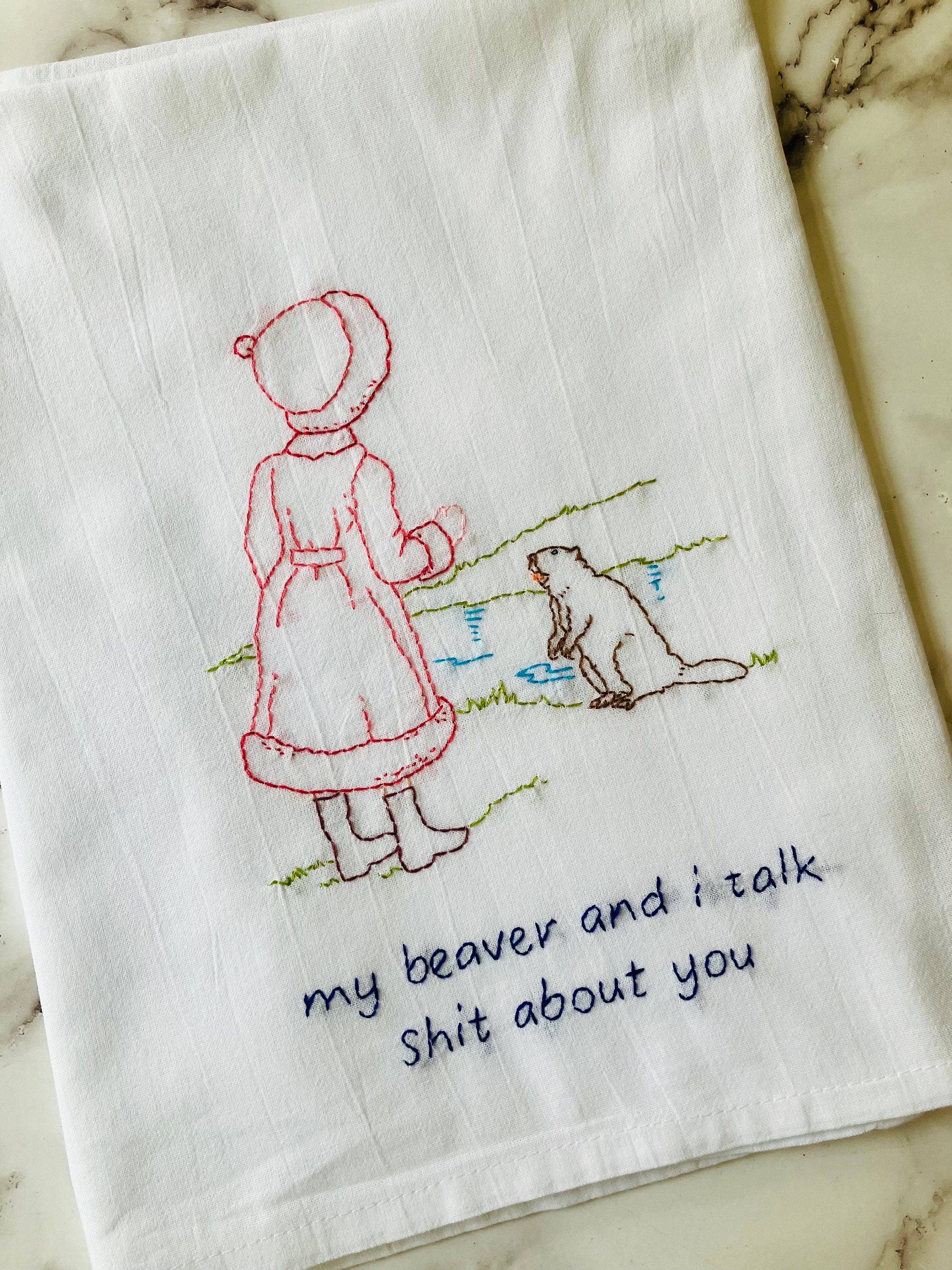 My Beaver Hand Embroidered Flour Sack Dish Towel 28x28 - Thumbnail 5