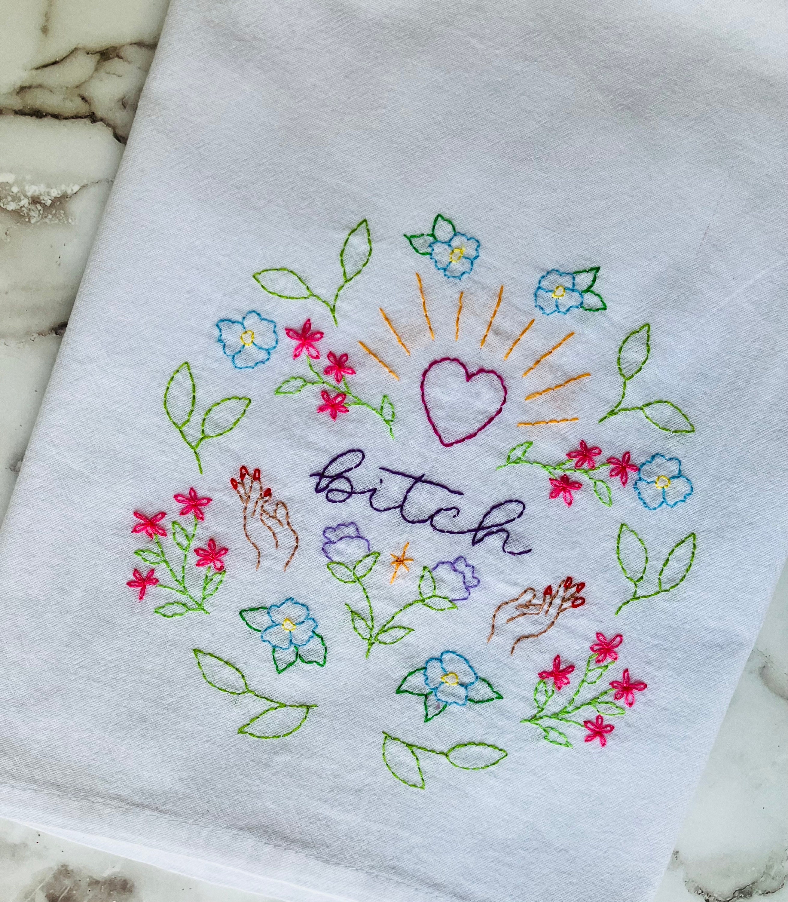 B!tch Hand Embroidered Flour Sack Dish Towel 28x28 - Thumbnail 4