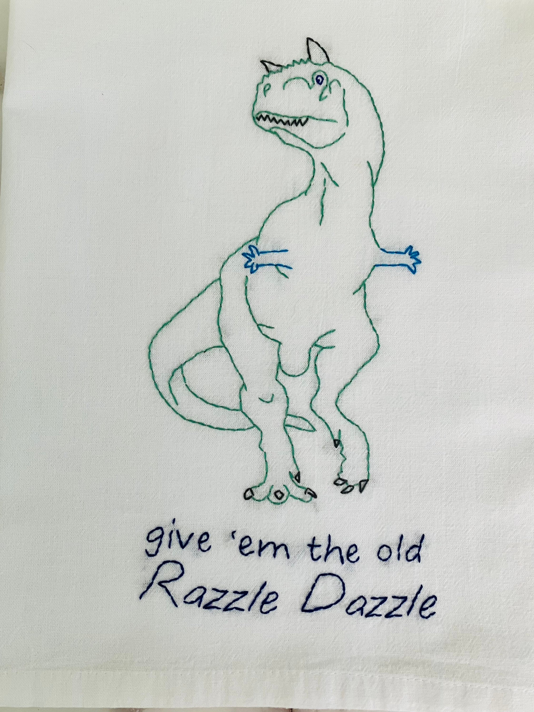 Carnotaurus Razzle Dazzle Courtship Dance Hand Embroidered Flour Sack Dish Towel 28x28 - Thumbnail 4