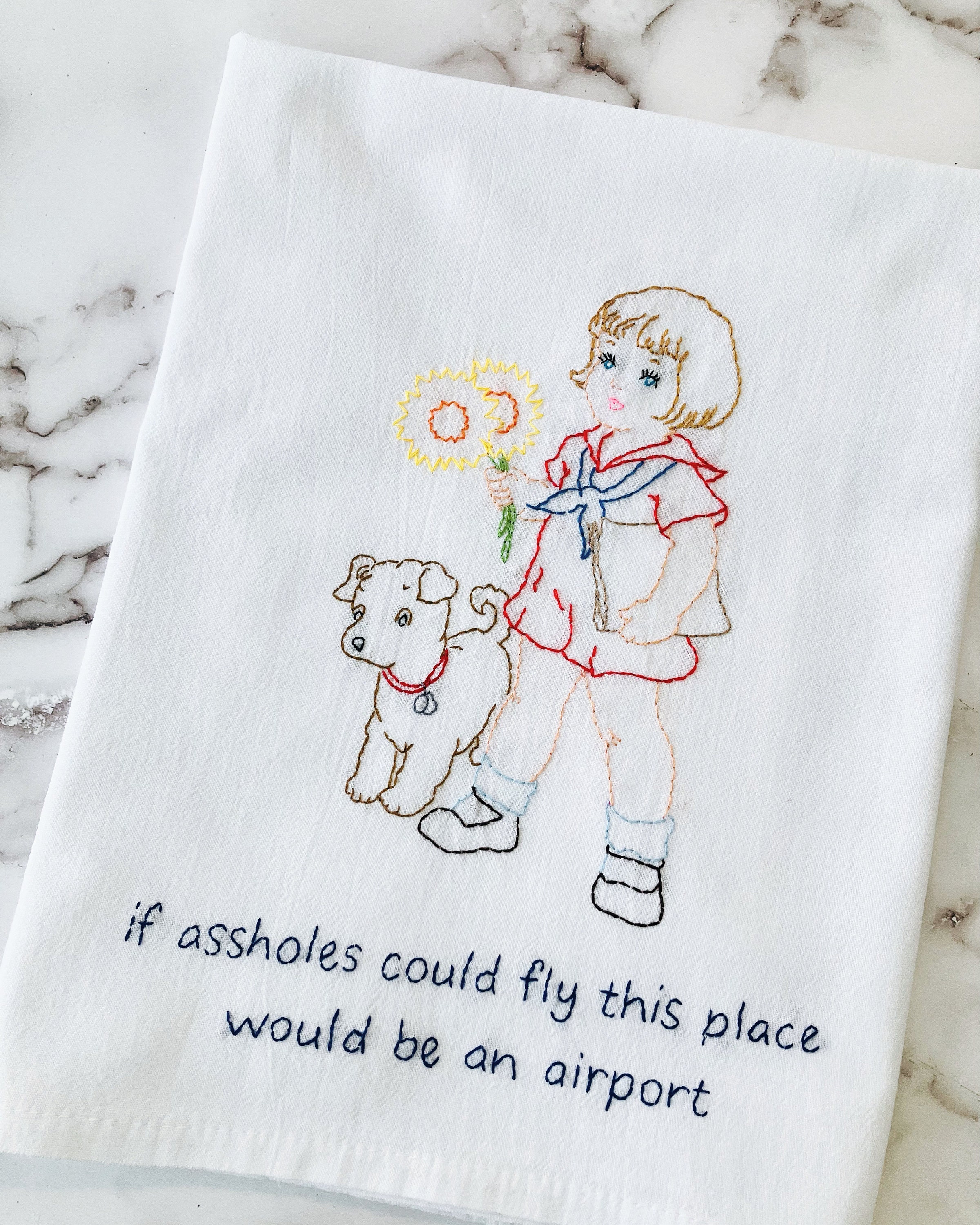 If A—holes Could Fly Hand Embroidered Flour Sack Dish Towel 28x28 - Image 1