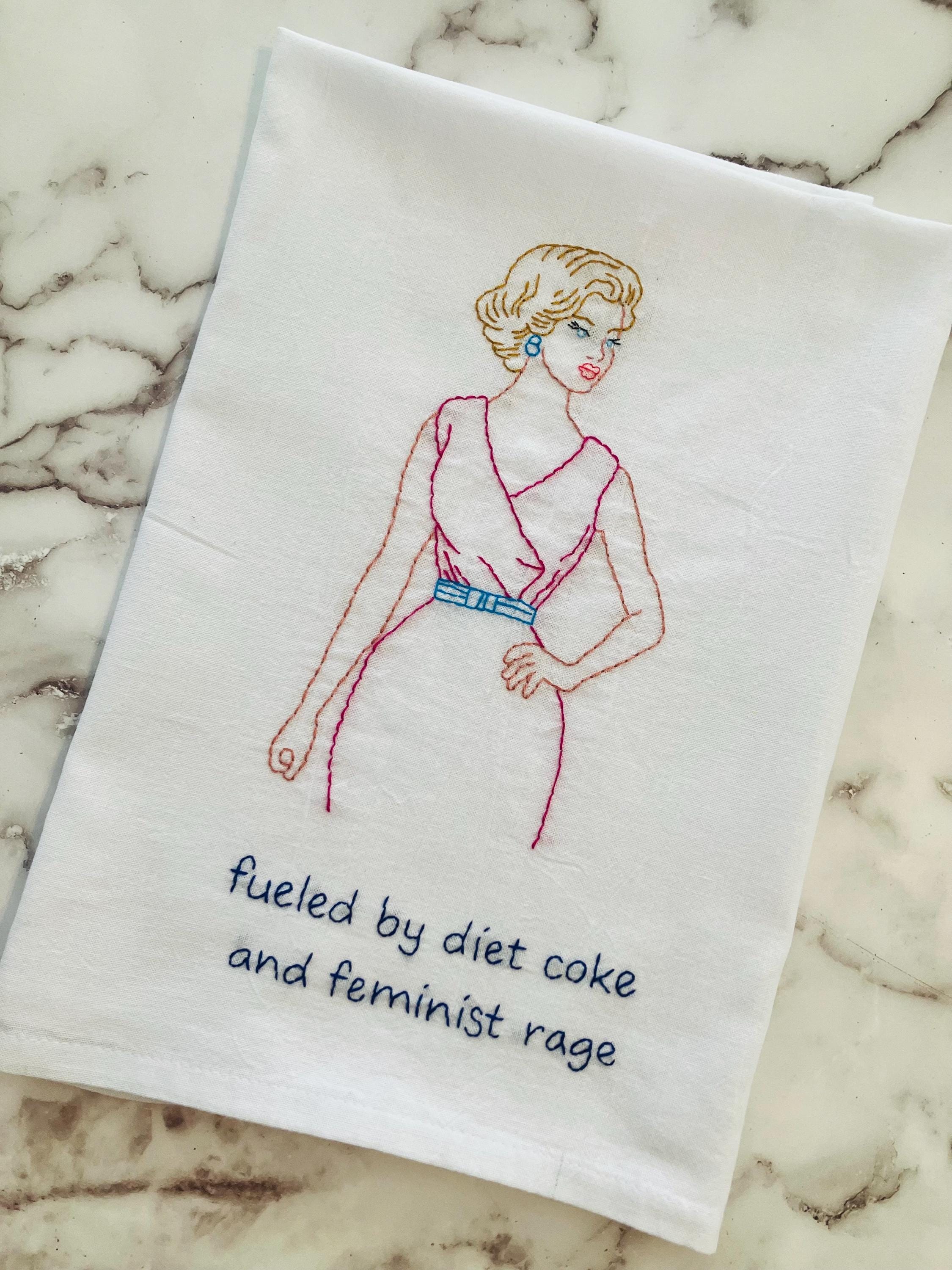 Feminist Rage and Diet Coke Hand Embroidered Flour Sack Dish Towel 28x28 - Thumbnail 5