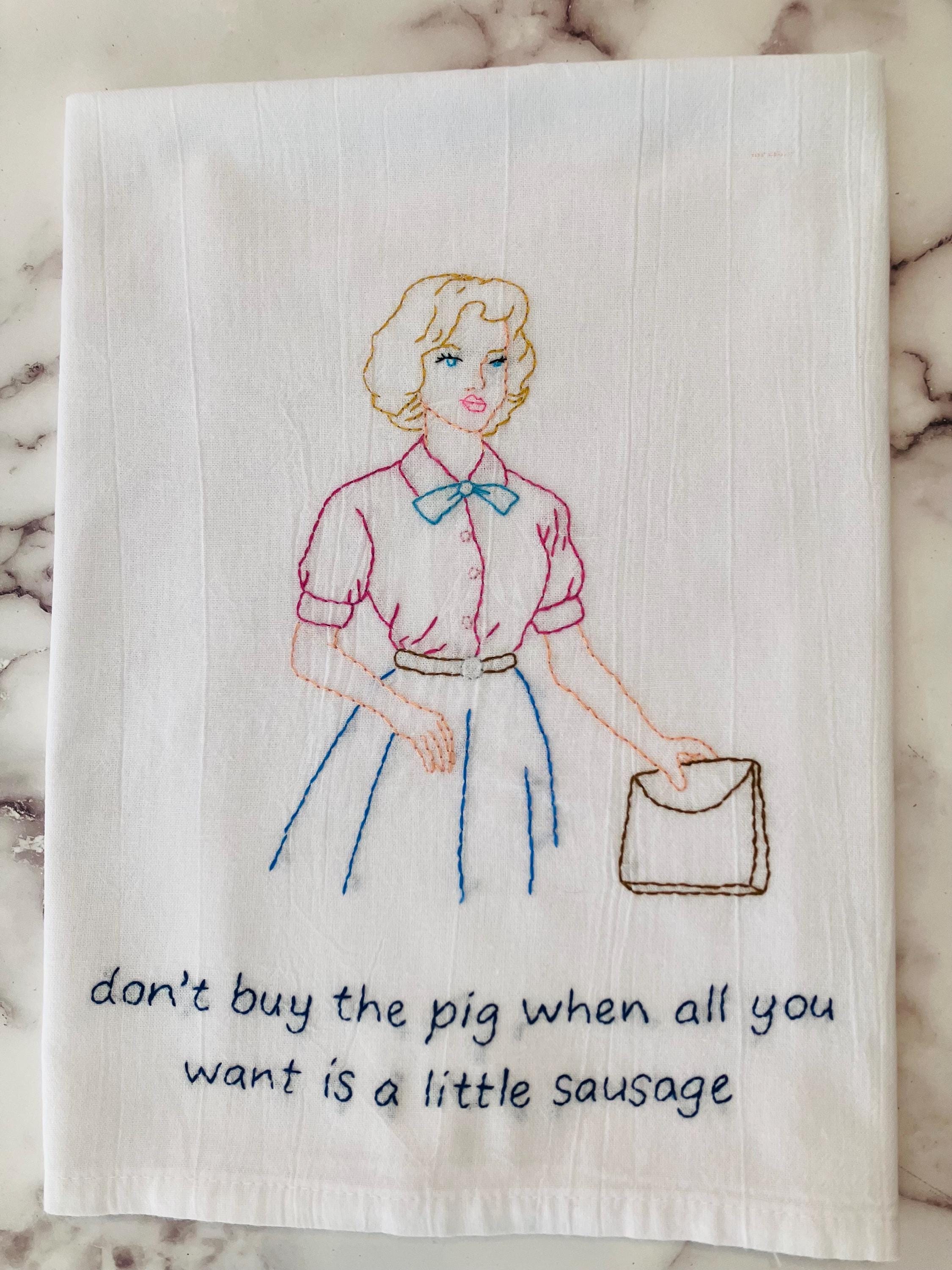 Sausage for Free Hand Embroidered Flour Sack Dish Towel 28x28 - Thumbnail 2