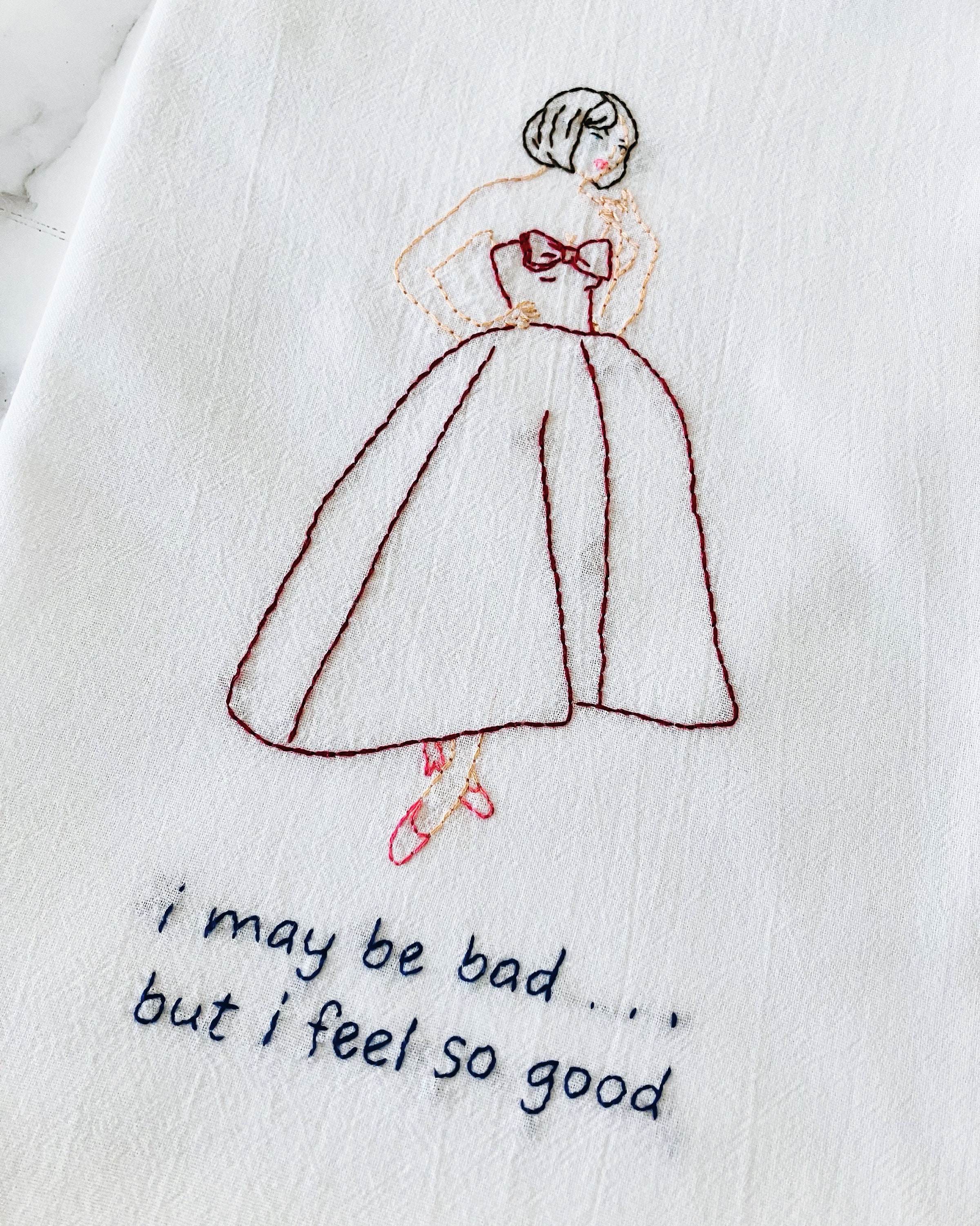 I May Be Bad Hand Embroidered Flour Sack Dish Towel 28x28 - Image 1