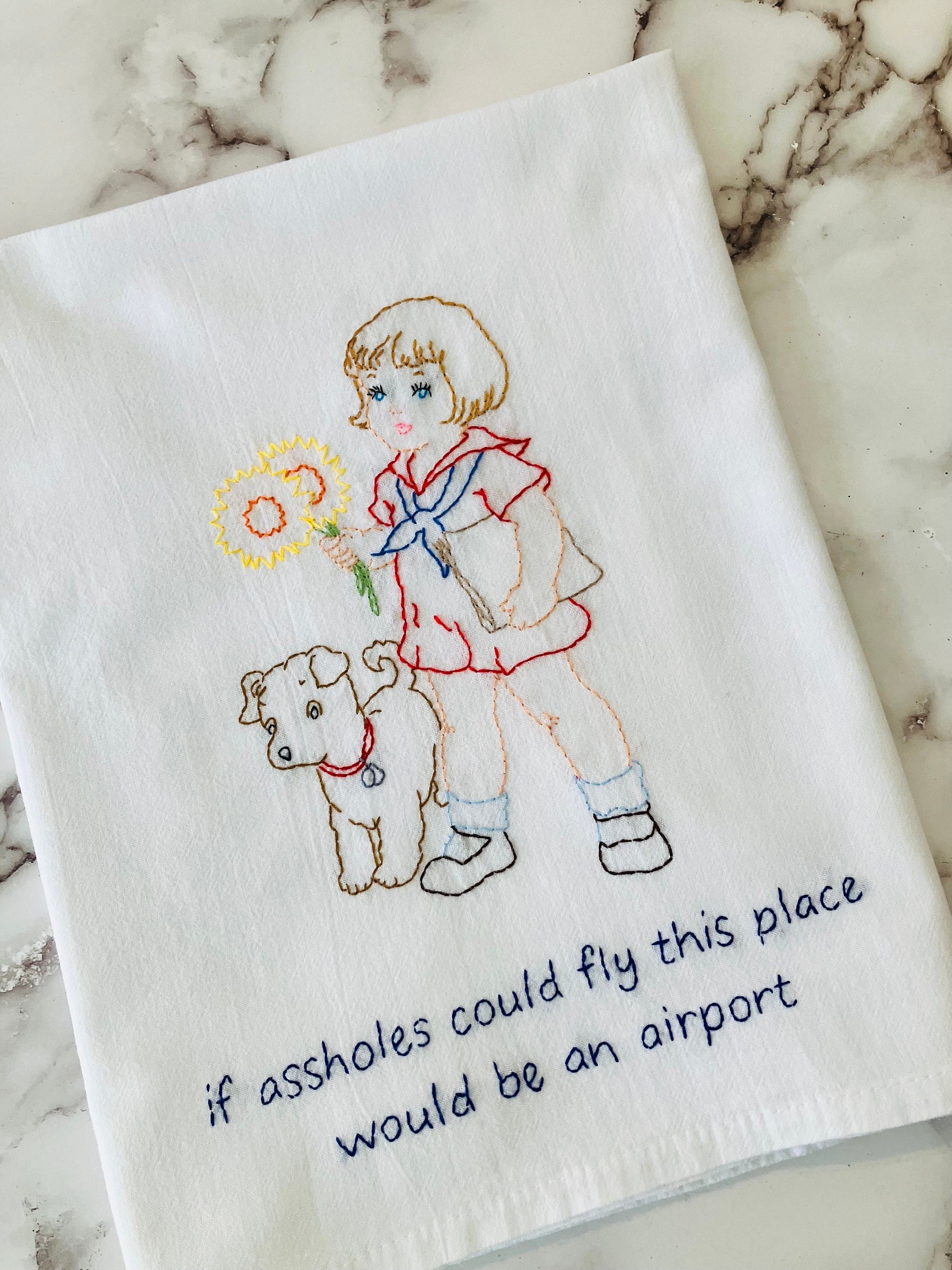 If A—holes Could Fly Hand Embroidered Flour Sack Dish Towel 28x28 - Thumbnail 4