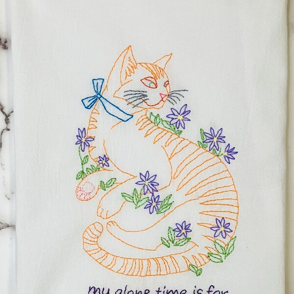 Alone Time Hand Embroidered Flour Sack Dish Towel 28x28