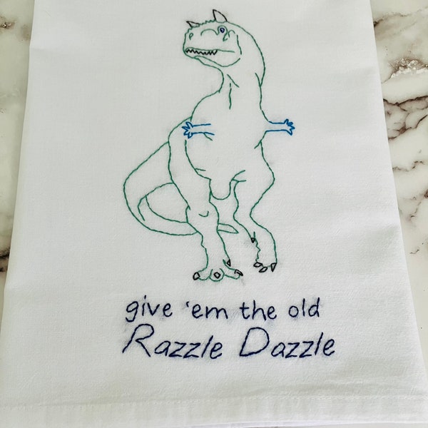 Carnotaurus Razzle Dazzle Courtship Dance Hand Embroidered Flour Sack Dish Towel 28x28