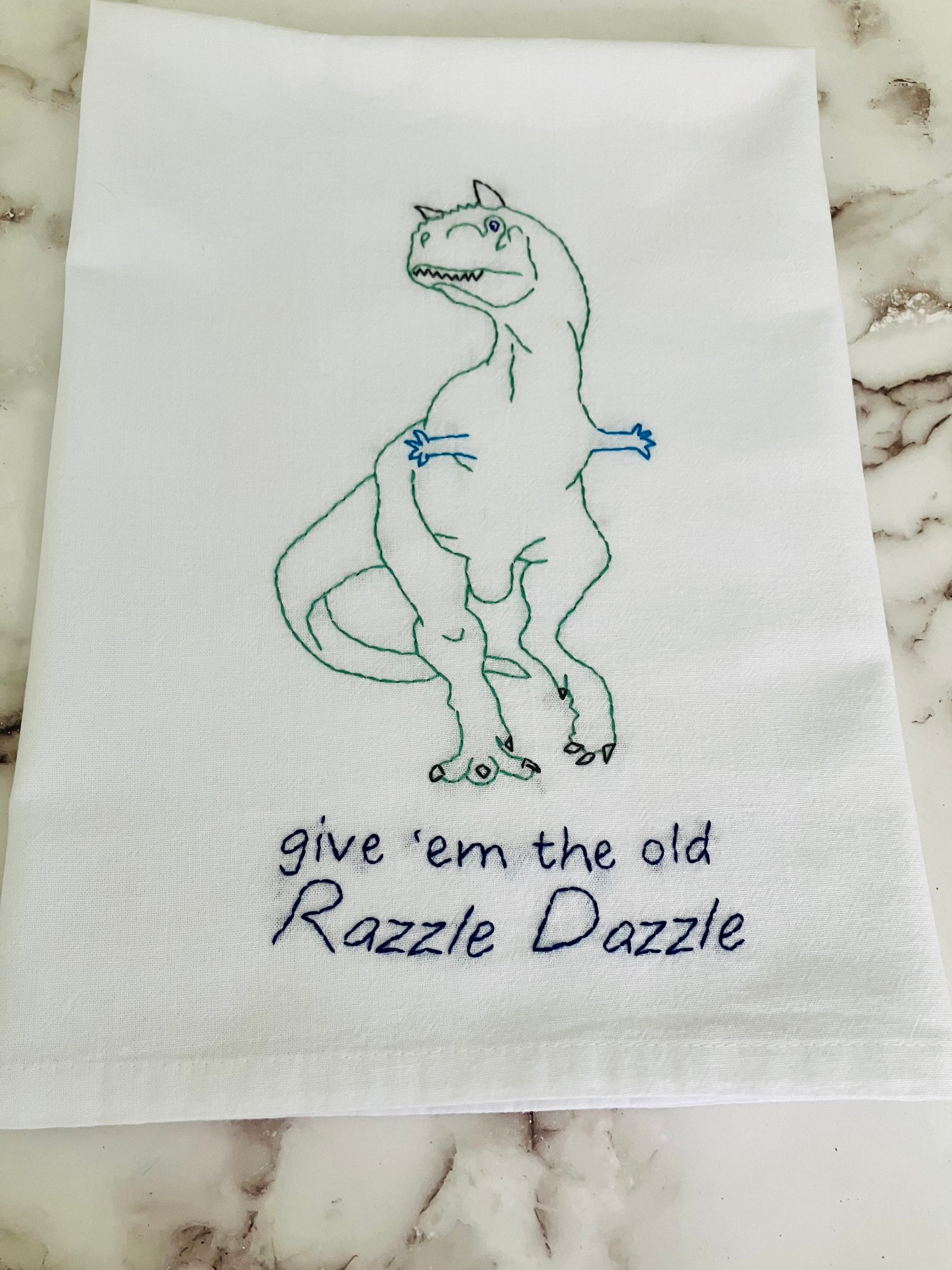 Carnotaurus Razzle Dazzle Courtship Dance Hand Embroidered Flour Sack Dish Towel 28x28