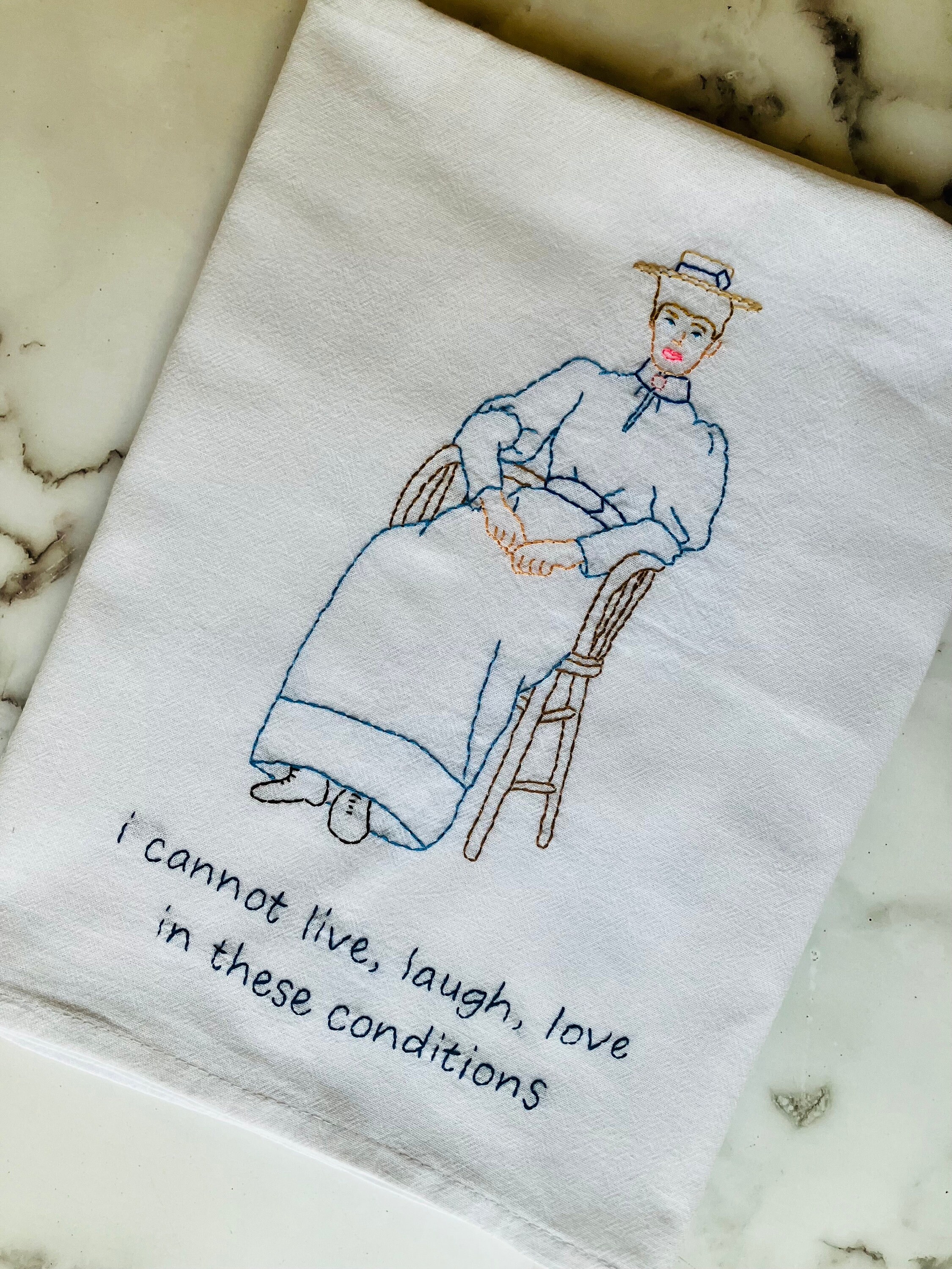 Live, Laugh, Love Hand Embroidered Flour Sack Dish Towel 28x28 - Thumbnail 2