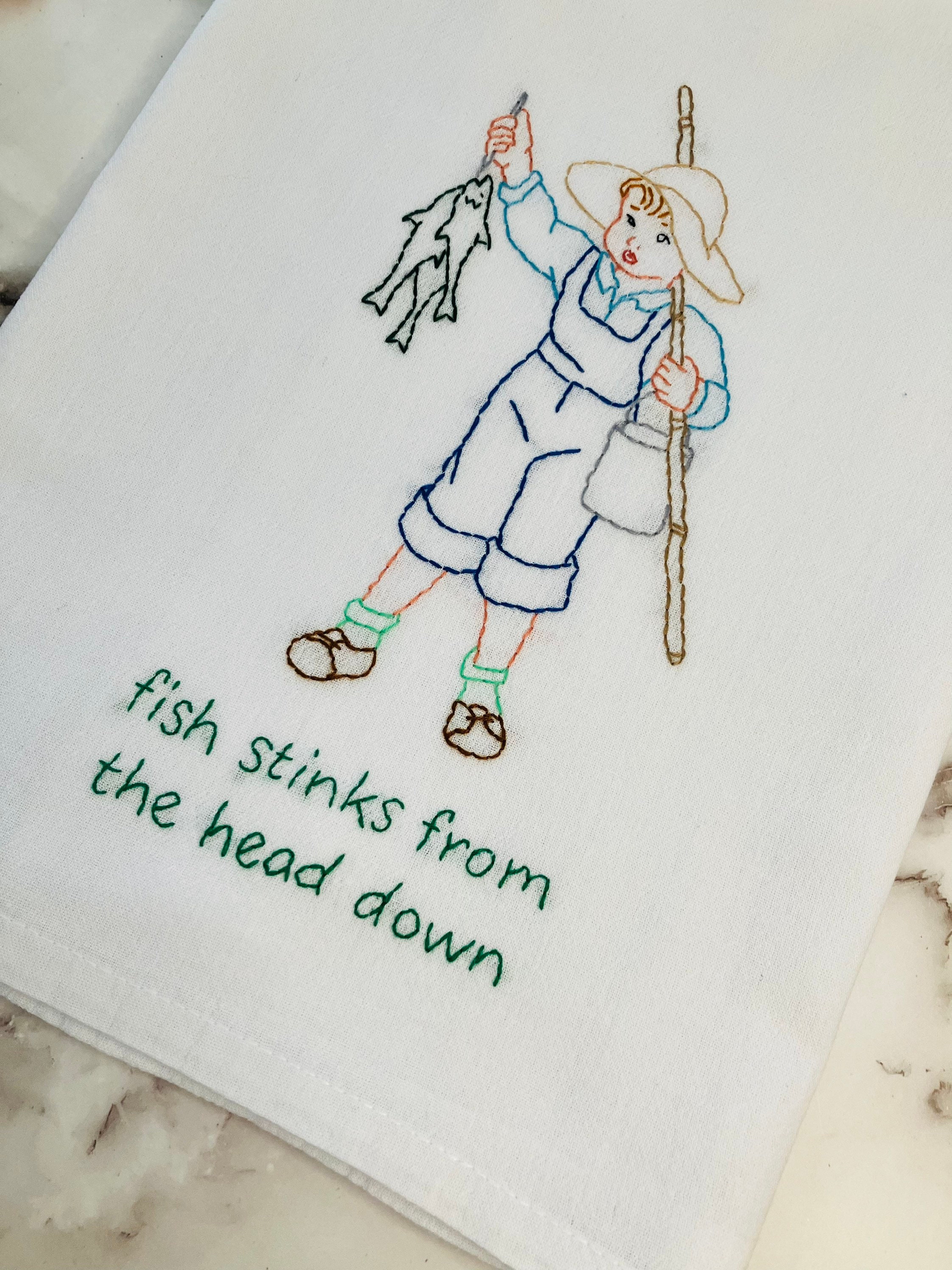 Stinky Fish Hand Embroidered Flour Sack Dish Towel 28x28 - Thumbnail 2