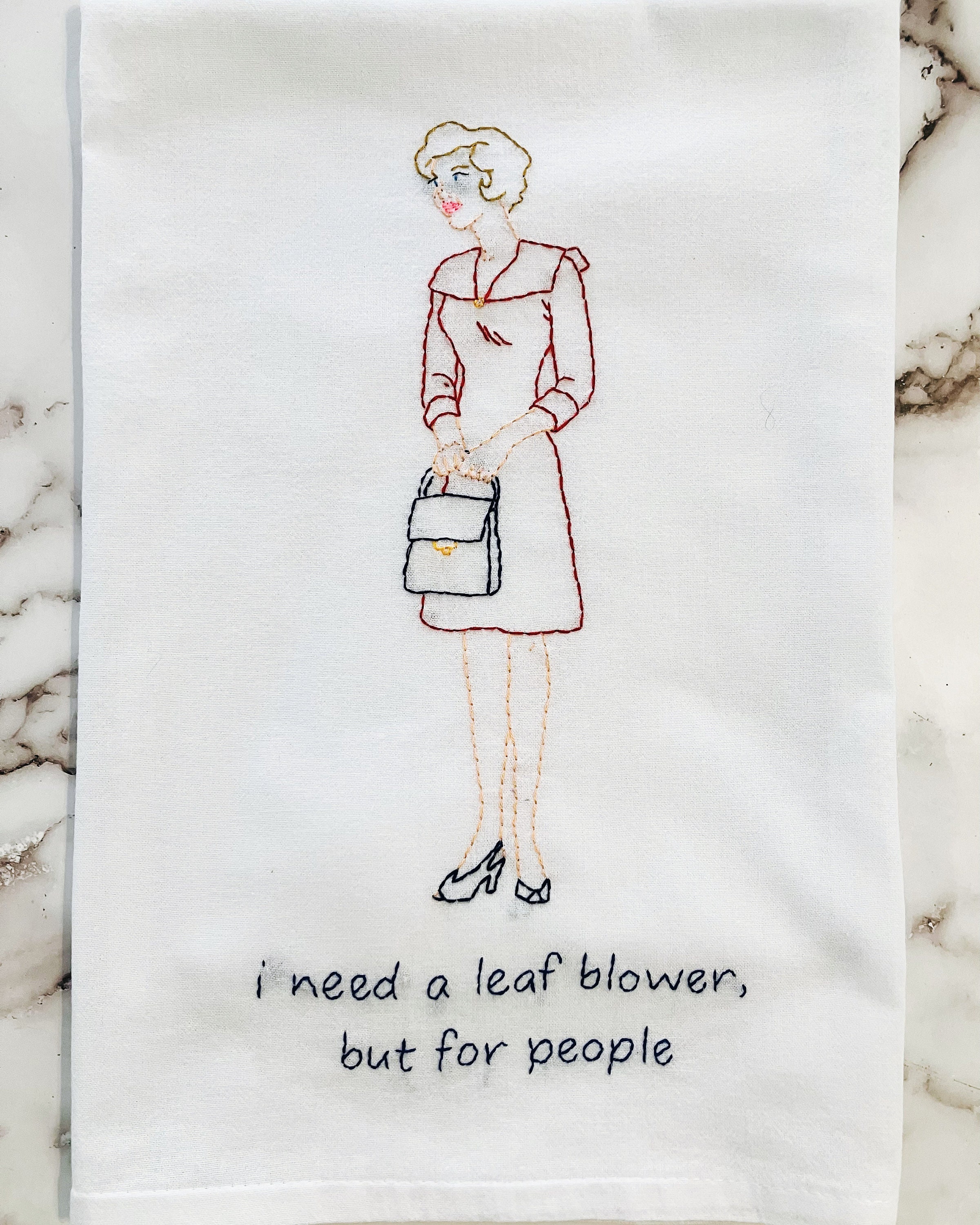 Leaf Blower Hand Embroidered Flour Sack Dish Towel 28x28 - Image 1