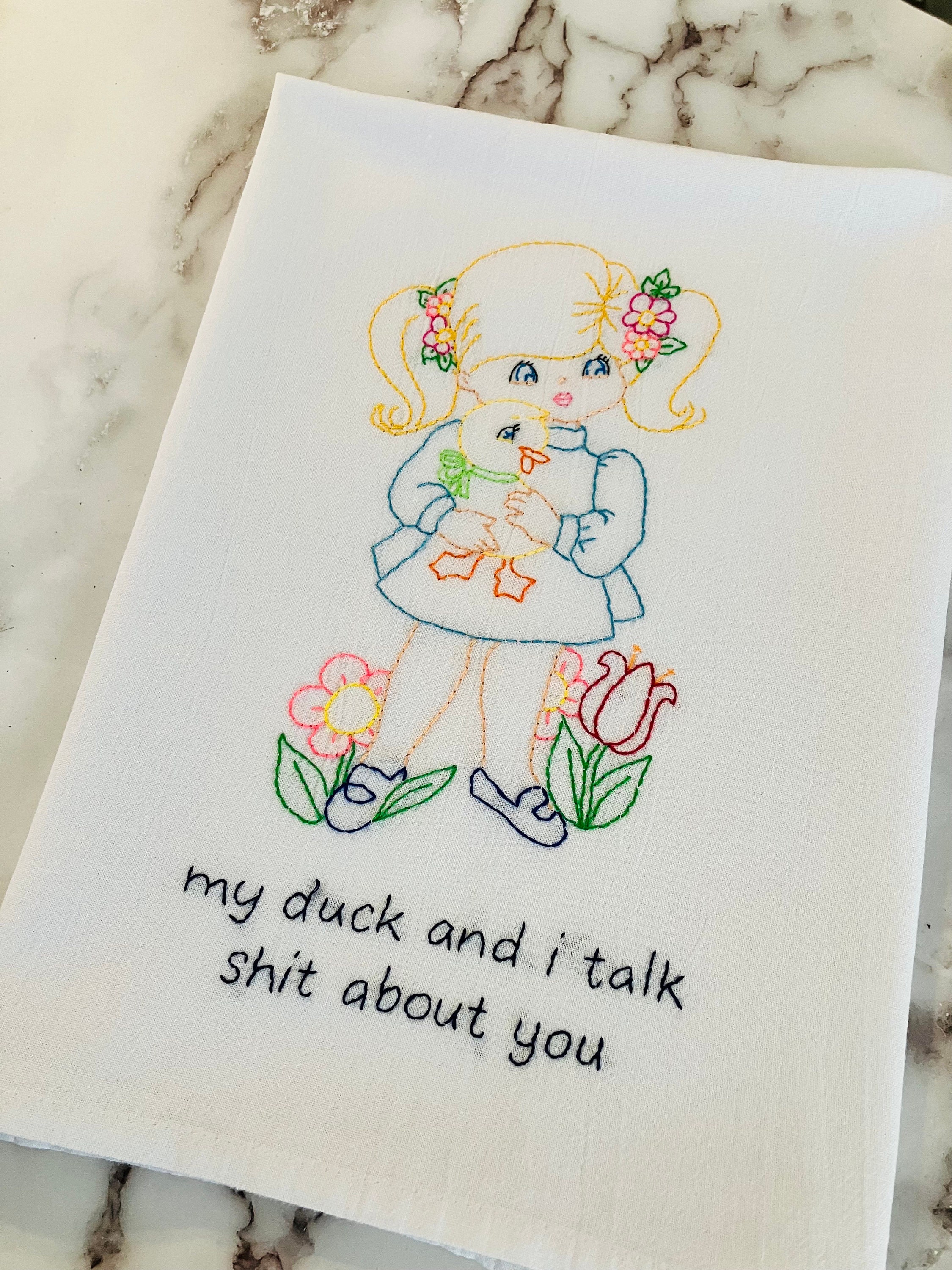 My Duck Hand Embroidered Flour Sack Dish Towel 28x28 - Thumbnail 4
