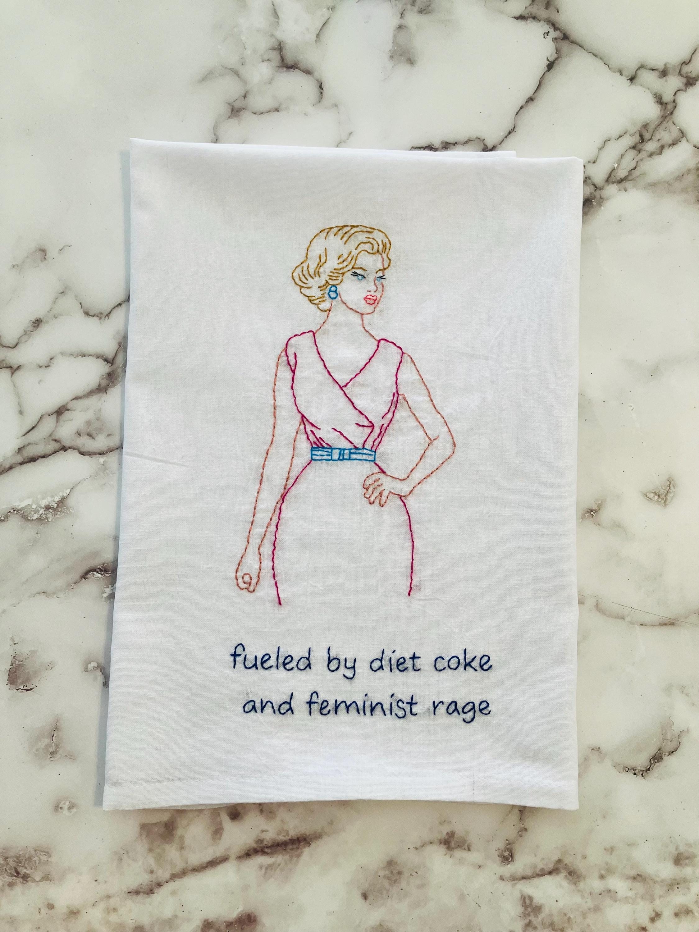 Feminist Rage and Diet Coke Hand Embroidered Flour Sack Dish Towel 28x28 - Thumbnail 2