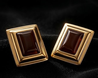Retro Square Gold Stud Earrings Coffee Brown Geometric Vintage Jewelry Mothers Day Gift