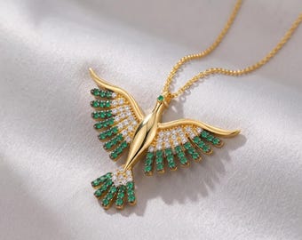 Halsband med återfödelse av Phoenix, Grön sten Eldfågel, 14K guldpläterat 925 silver, 50 cm kedja