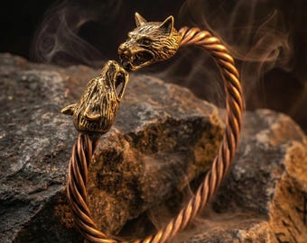 Vikingavarghuvud i koppar, Fenriser nordisk mytologi, herrarmband, antik bronsfärgad