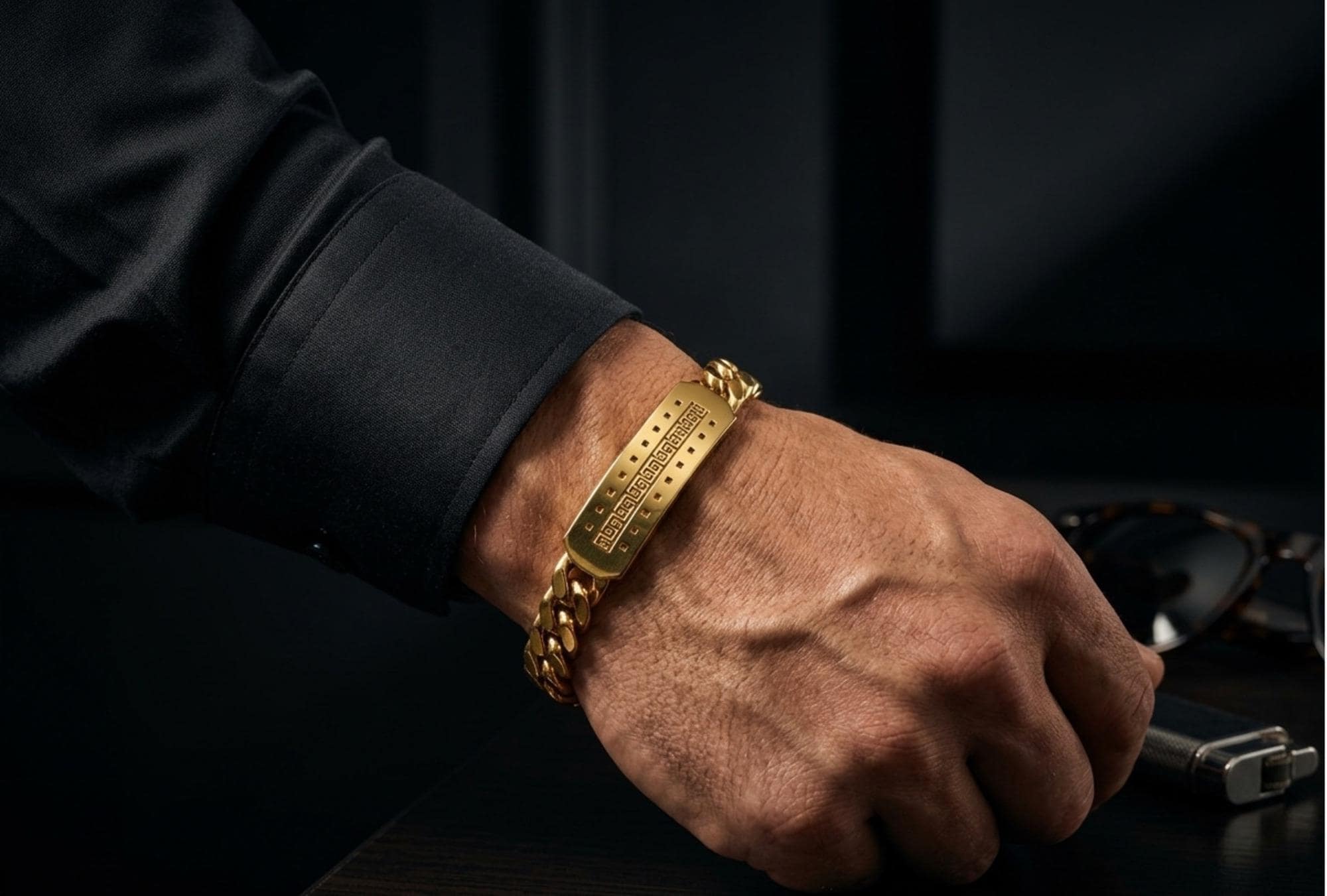 Greek Key Chain Bracelet for Men, Gold Plated Stainless Steel, Curb…