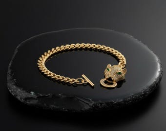 Armband med tigerhuvudkedja, förgyllt stål med zirkon, djärvt djurmanschett