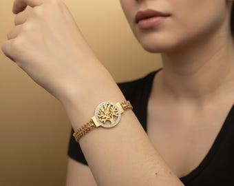 Livets träd armband, förgyllt rostfritt stål med zirkonstenar, justerbar kedja