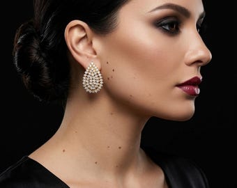 Pendientes de Botón Gota Dorados con Circonitas, Joyas de Noche Vintage
