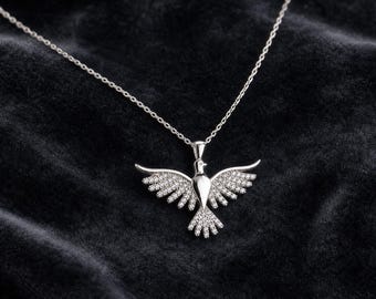 Halsband med stigande Phoenix, Eldfågel i 925 sterlingsilver, Vingar i pavezirkon, justerbart 41-45 cm
