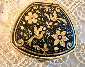 Damasceen gouden pillendoosje met vogels en bloemen. Sieraden Art Toledo, Spanje.