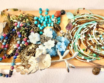 Jewelry Lot with Mixed Bead, Statement, Silvertone and Glass . Rustic Wooden Vanity Tray with Raised Silver 3D Ivy and Floral Corner Accent.