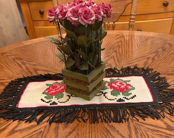 Vintage Floral Cross Stitch with Fringe Table Runner. Set of Two.