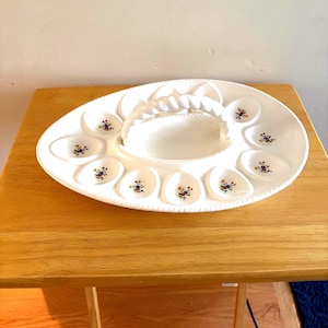 Vintage Floral Ceramic Deviled Egg Platter – 12 Egg Tray with Handle