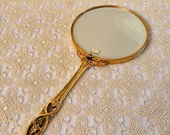 Vintage Matson Fifth Avenue Ornate Gold Plated Double Sided Mirror, Magnifying and Regular.