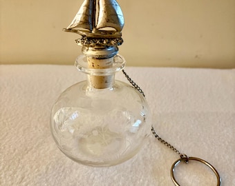 Vintage Sailboat Liquor Decanter with Pewter Stopper with attached Cork and Chain