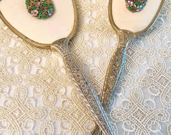 Vintage Vanity Set, Mirror and Hairbrush. Gold tone ornate design handles, Multicolored Enameled Floral Design Medallion.