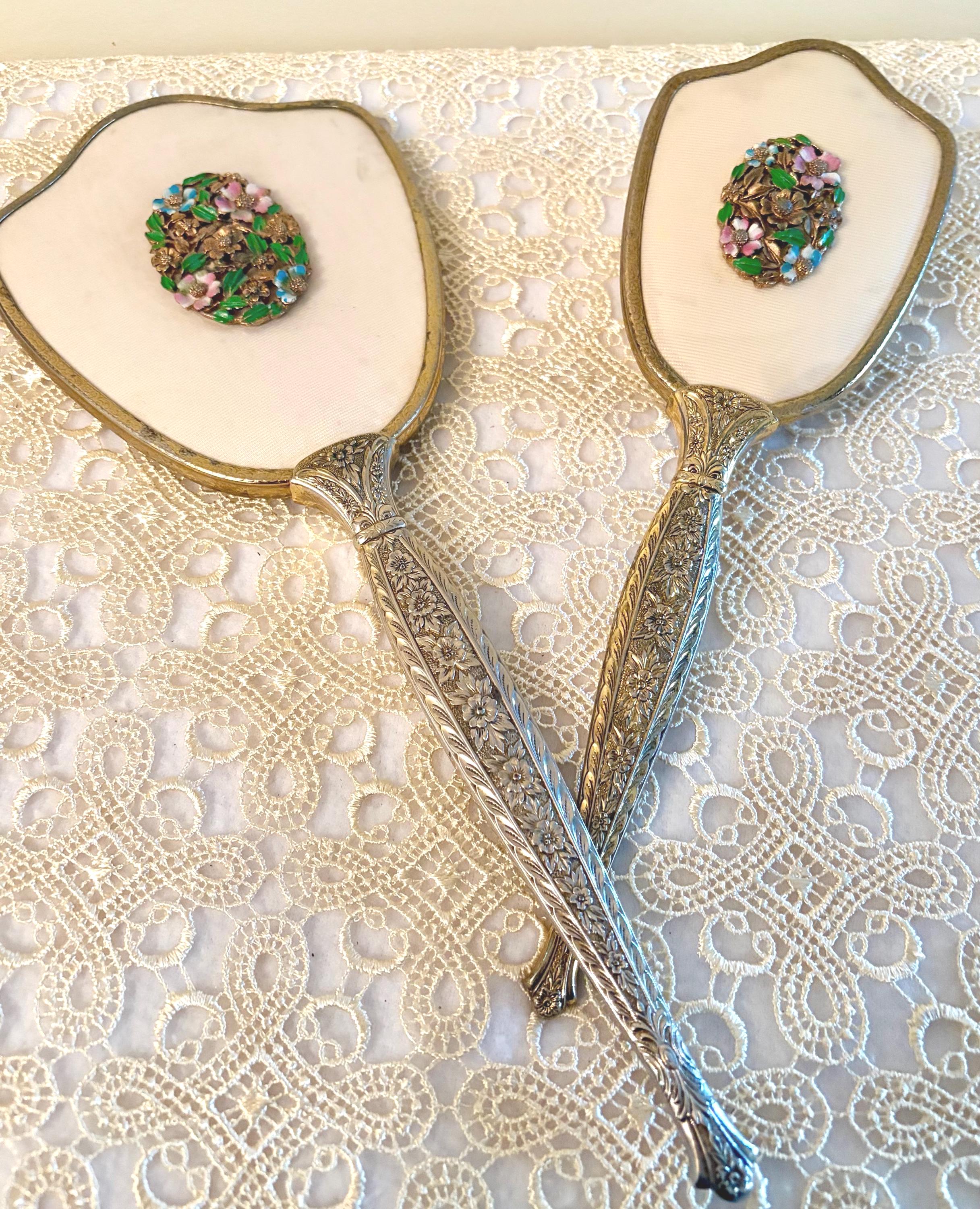 Vintage 1950s Floral Enamel Barrettes Lot Mid Century Vanity Set Mid-Century Floral Porcelain Vanity Set, a Pair | Chairish main image 4