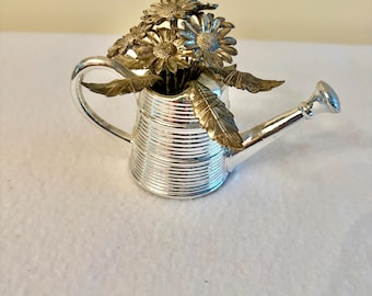 Vintage Chrome and Pewter Metal Watering Can with Flowers Paperweight/ Figurine.