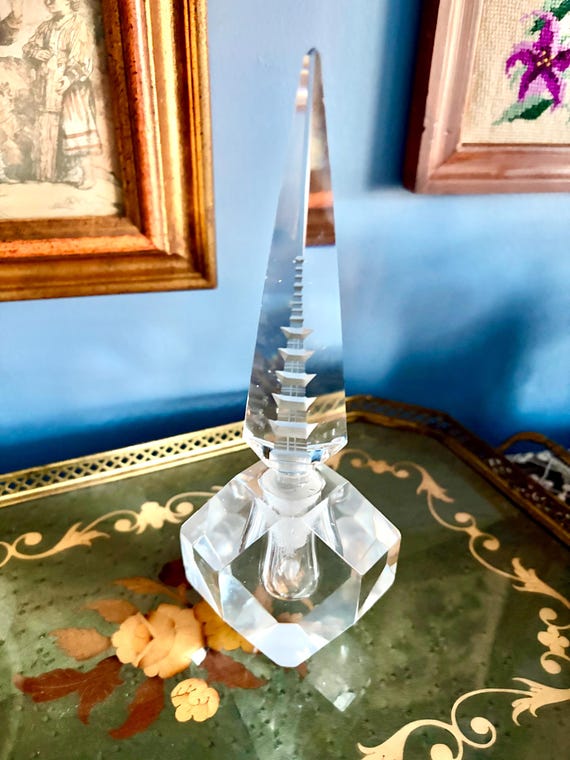 Hoya Pagoda Crystal Perfume Bottle. Vintage Japanese Crystal. Mid Century Vanity