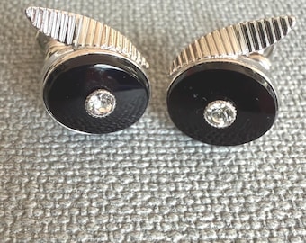 Vintage Sterling Onyx Screw Back Earrings. Mid Century Van Dell Sterling and Black Onyx with CZ.