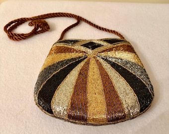 Vintage Perlen Geometrische Abendtasche. Art Deco Metallic Bead Geldbörse mit geflochtenem Riemen.